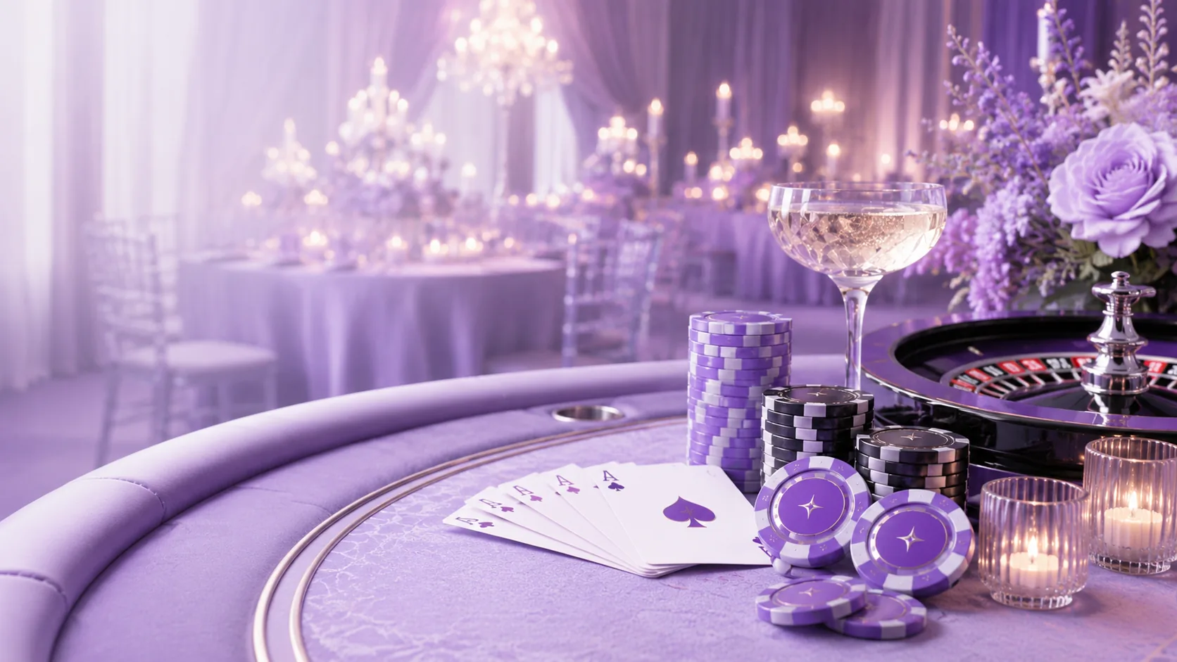 Casino-style entertainment setting with playing cards, poker chips and a cocktail glass