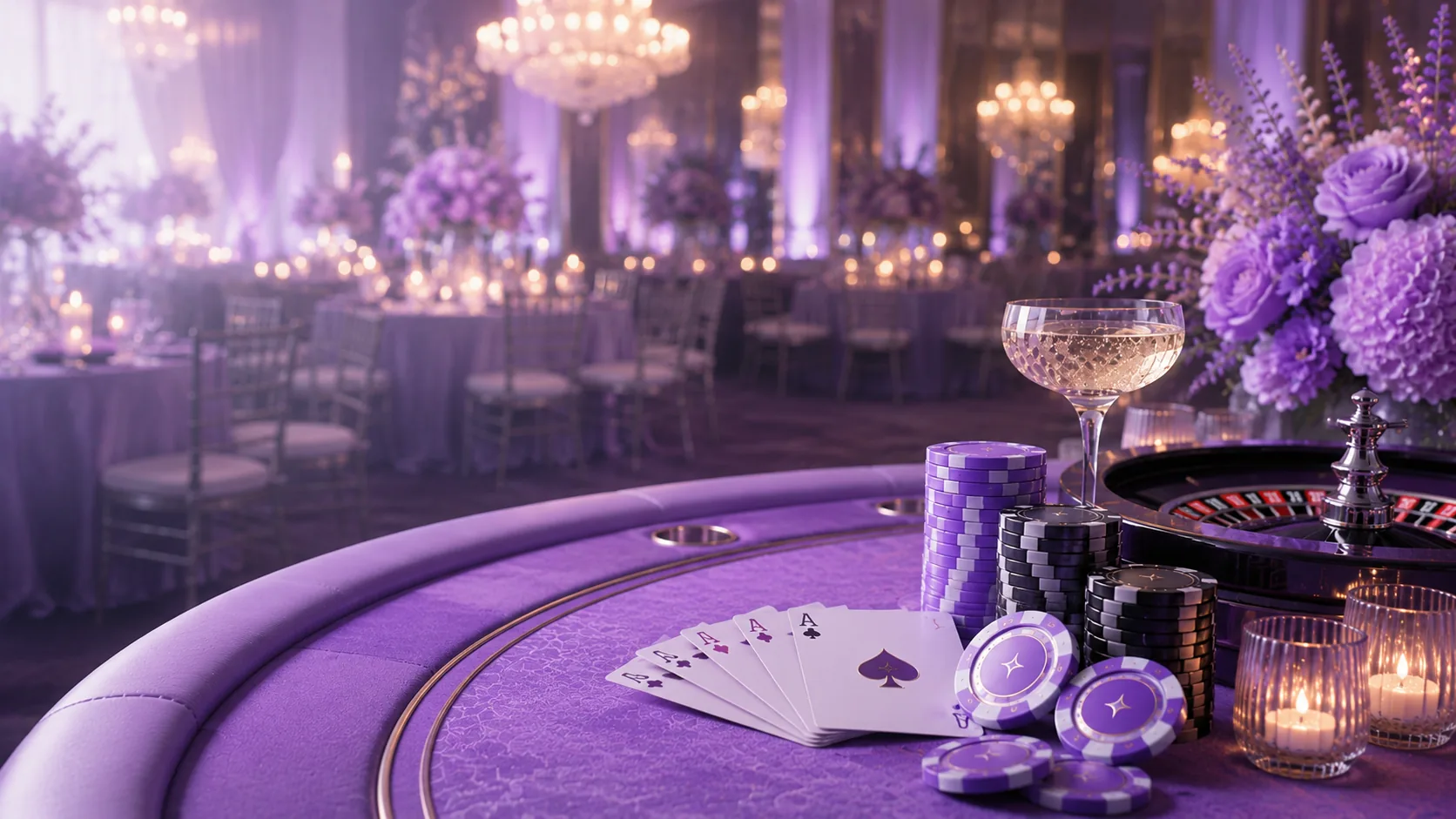 Professionally presented casino-style event table with cards, chips and roulette